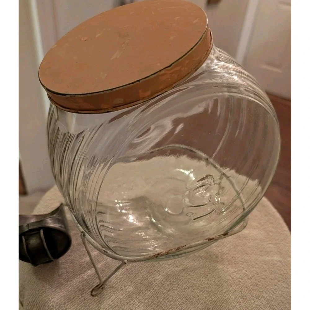 Antique Glass Jar Canister w/ Tin Lid & Scoop & Wire Stand Sellers Hoosier  S